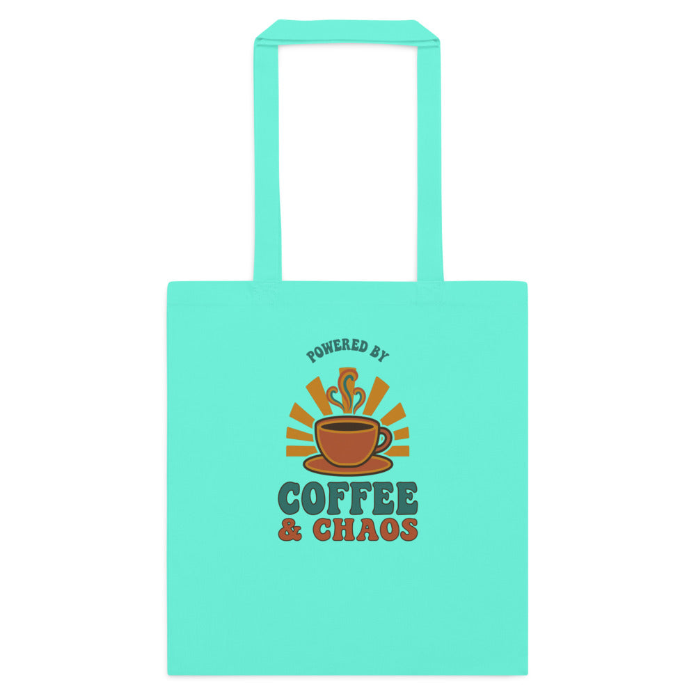 Powered By Coffee And Chaos retro groovy teacher cotton tote bag — Mint, flat