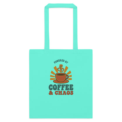 Powered By Coffee And Chaos retro groovy teacher cotton tote bag — Mint, flat