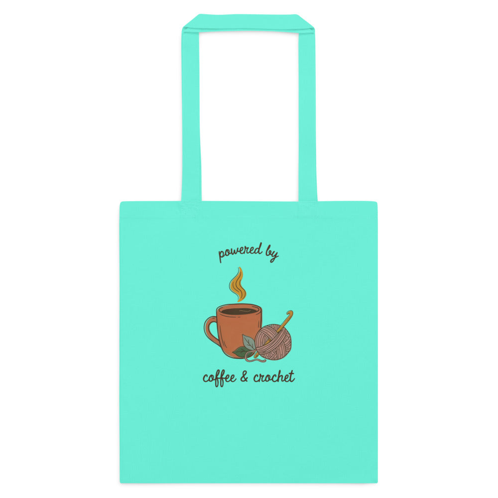 Powered by Coffee and Crochet cottagecore crochet cotton tote bag — Mint, flat