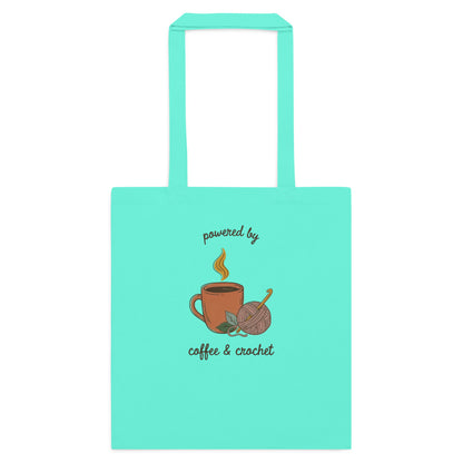Powered by Coffee and Crochet cottagecore crochet cotton tote bag — Mint, flat