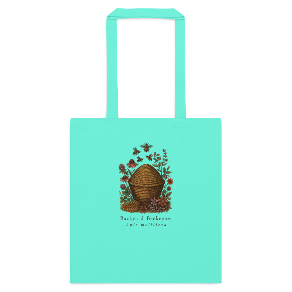 Backyard Beekeeper field-guide bee cotton tote bag — Mint, flat