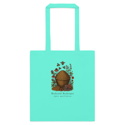 Backyard Beekeeper field-guide bee cotton tote bag — Mint, flat