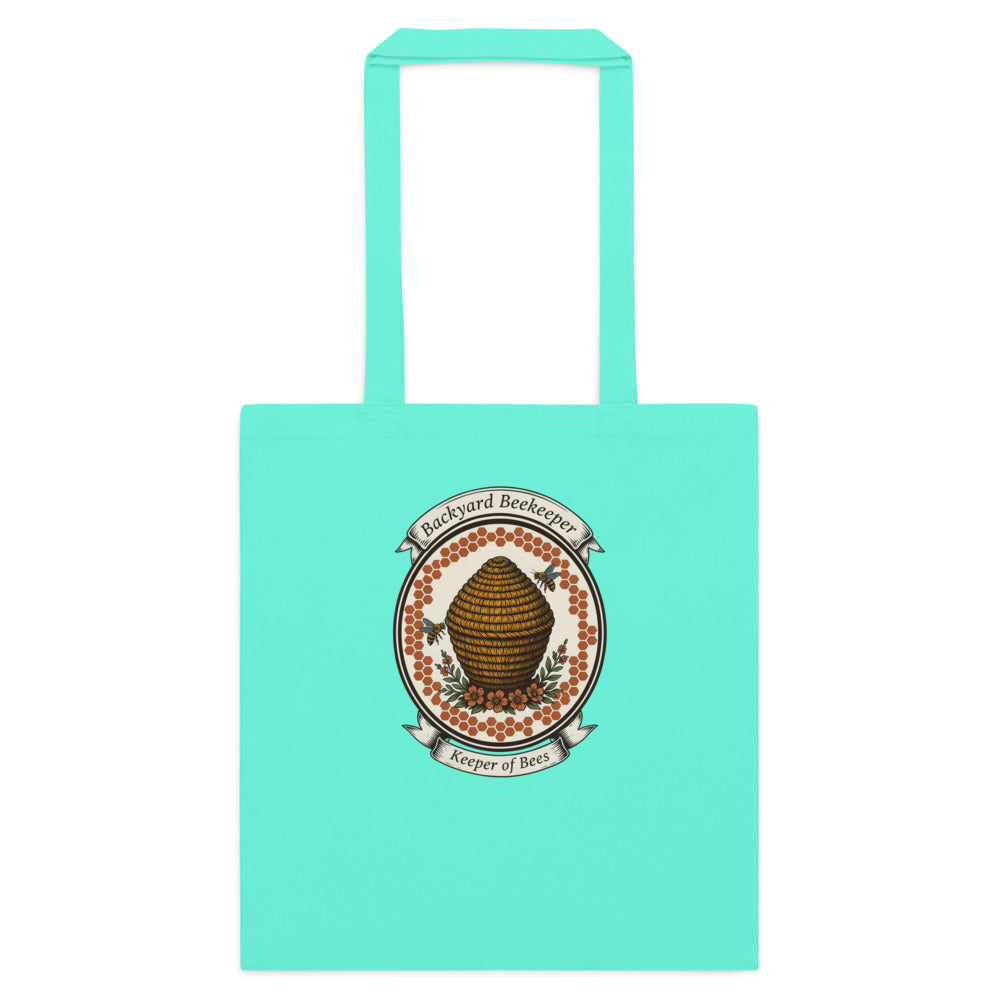 Backyard Beekeeper Keeper of Bees vintage apiary crest cotton tote bag — Mint, flat
