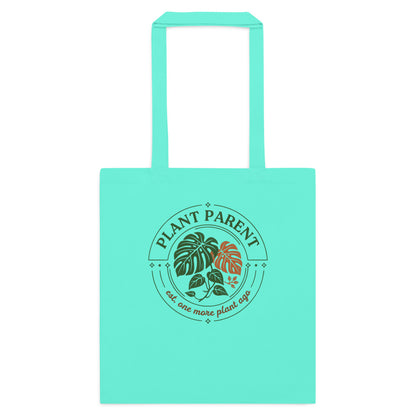 Plant Parent retro botanical badge cotton tote bag — Mint, flat