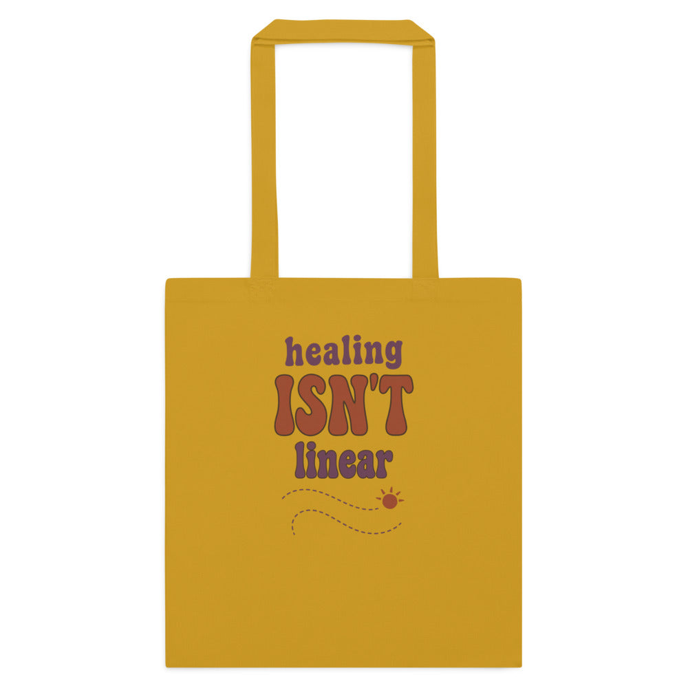 Healing Isn't Linear soft retro mental health cotton tote bag — Mustard, flat