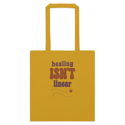 Healing Isn't Linear soft retro mental health cotton tote bag — Mustard, flat