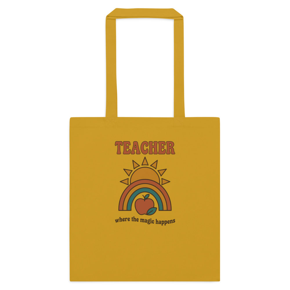 Teacher Where The Magic Happens retro groovy teacher cotton tote bag — Mustard, flat