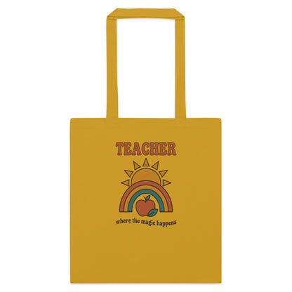 Teacher Where The Magic Happens retro groovy teacher cotton tote bag — Mustard, flat