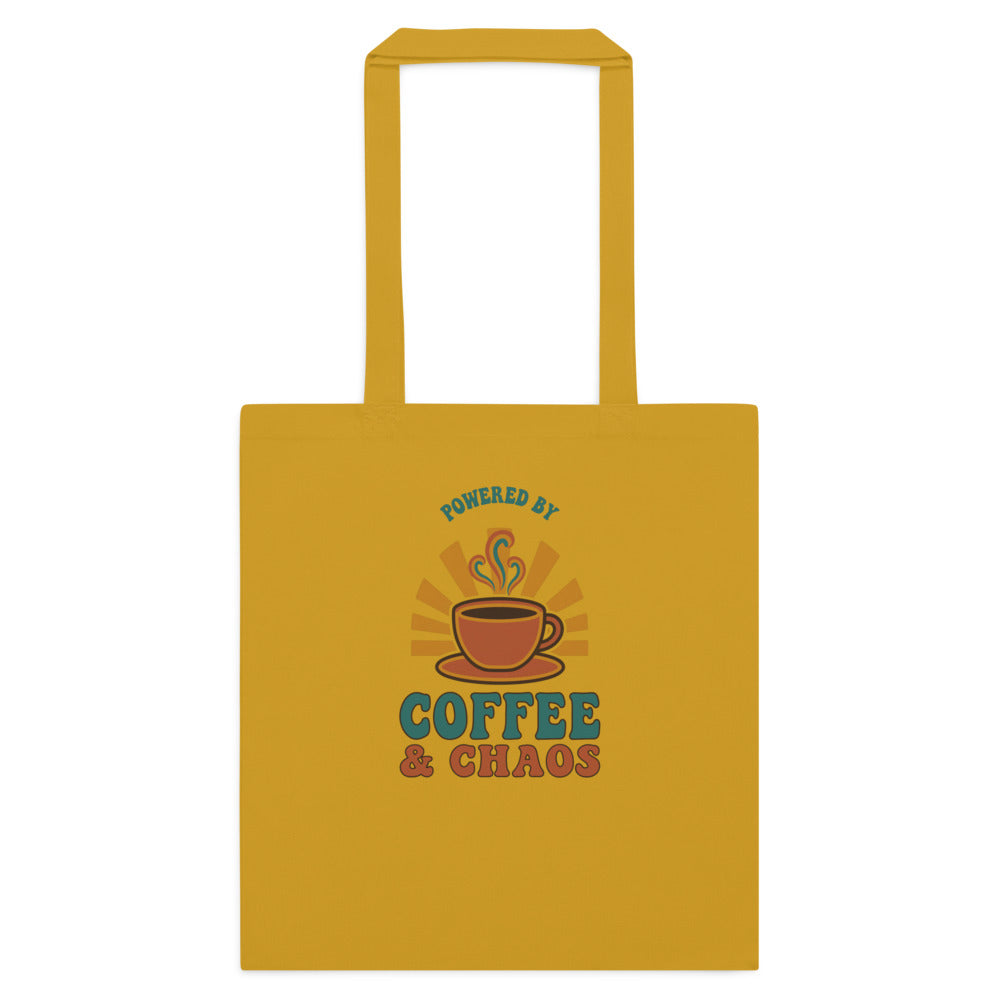 Powered By Coffee And Chaos retro groovy teacher cotton tote bag — Mustard, flat