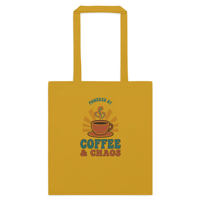 Powered By Coffee And Chaos retro groovy teacher cotton tote bag — Mustard, flat