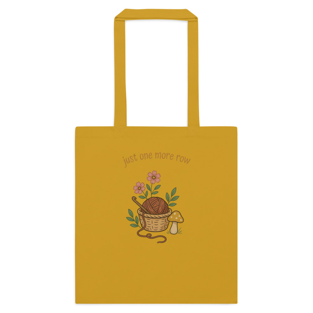 Just One More Row crochet cottagecore cotton tote bag — Mustard, flat