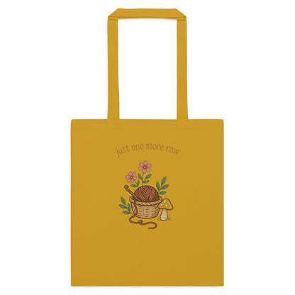 Just One More Row crochet cottagecore cotton tote bag — Mustard, flat