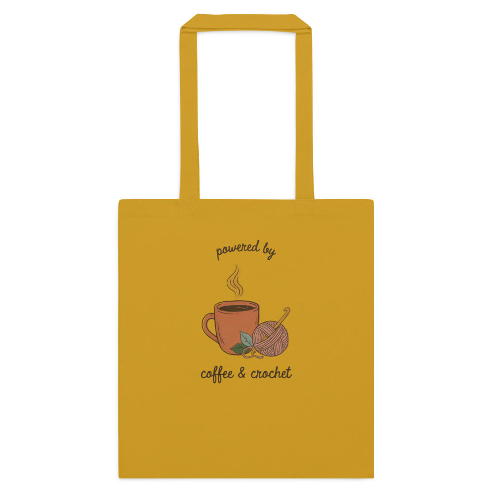 Powered by Coffee and Crochet cottagecore crochet cotton tote bag — Mustard, flat