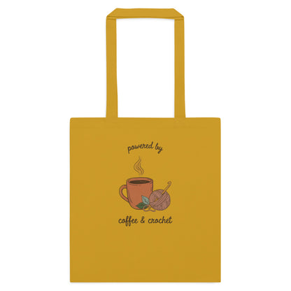 Powered by Coffee and Crochet cottagecore crochet cotton tote bag — Mustard, flat