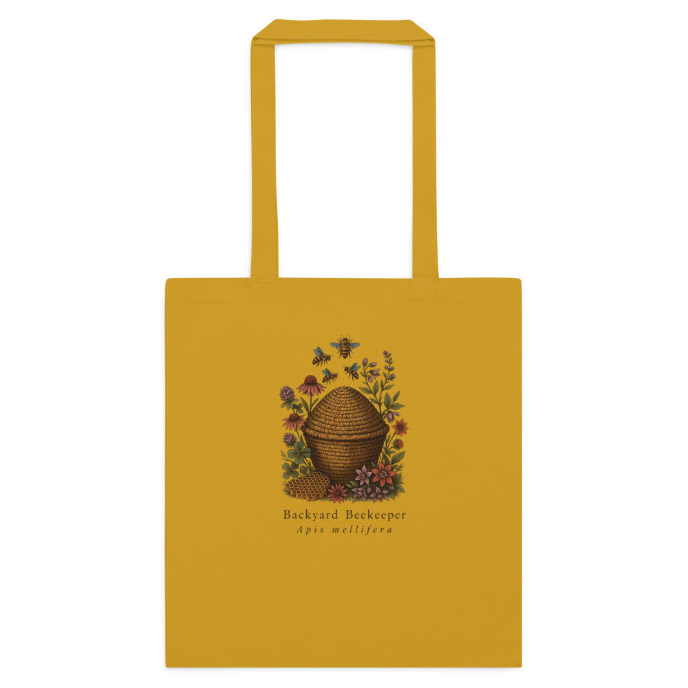 Backyard Beekeeper field-guide bee cotton tote bag — Mustard, flat
