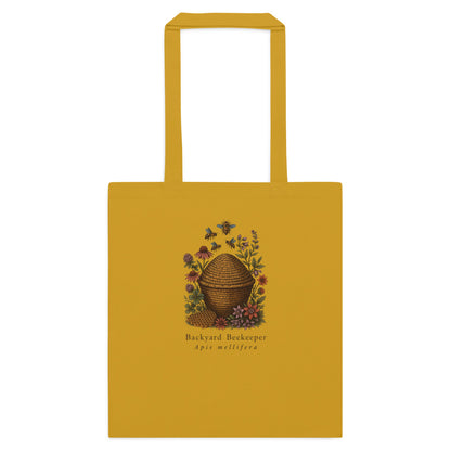 Backyard Beekeeper field-guide bee cotton tote bag — Mustard, flat
