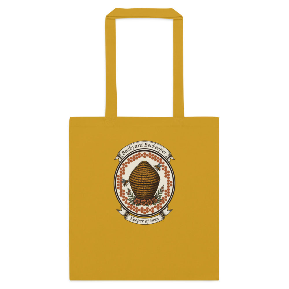 Backyard Beekeeper Keeper of Bees vintage apiary crest cotton tote bag — Mustard, flat