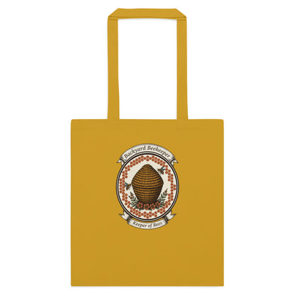 Backyard Beekeeper Keeper of Bees vintage apiary crest cotton tote bag — Mustard, flat