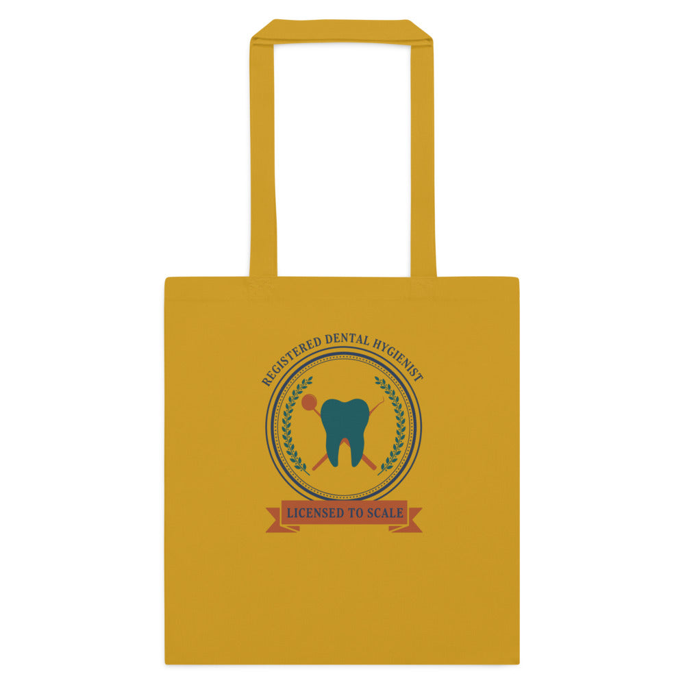 Licensed to Scale registered dental hygienist cotton tote bag — Mustard, flat