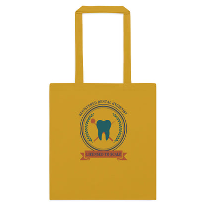 Licensed to Scale registered dental hygienist cotton tote bag — Mustard, flat