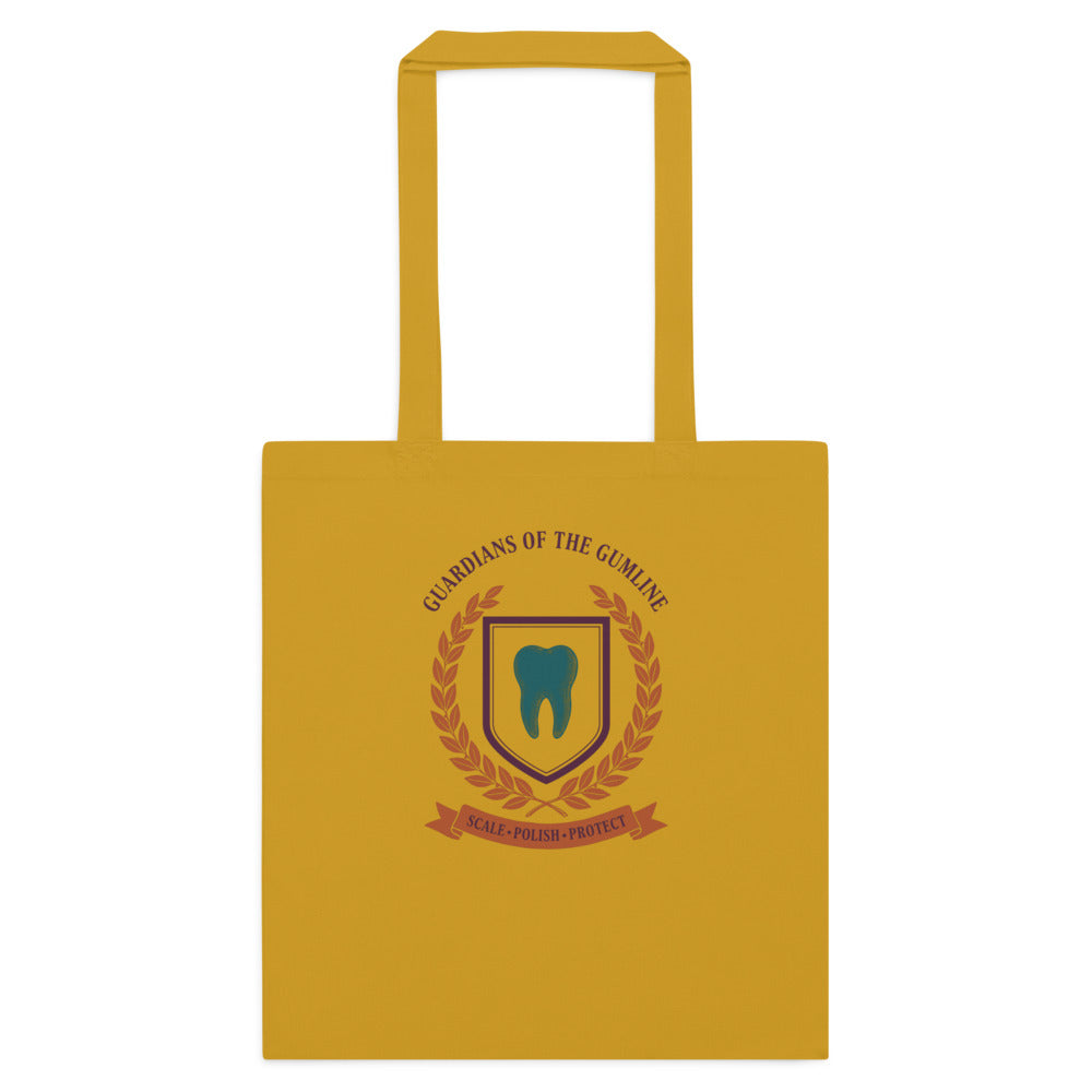 Guardians of the Gumline dental hygienist cotton tote bag — Mustard, flat