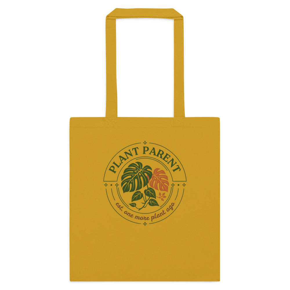 Plant Parent retro botanical badge cotton tote bag — Mustard, flat