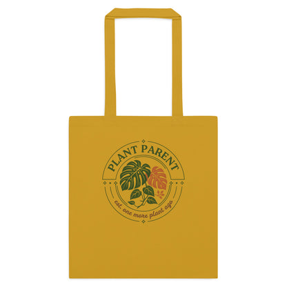 Plant Parent retro botanical badge cotton tote bag — Mustard, flat
