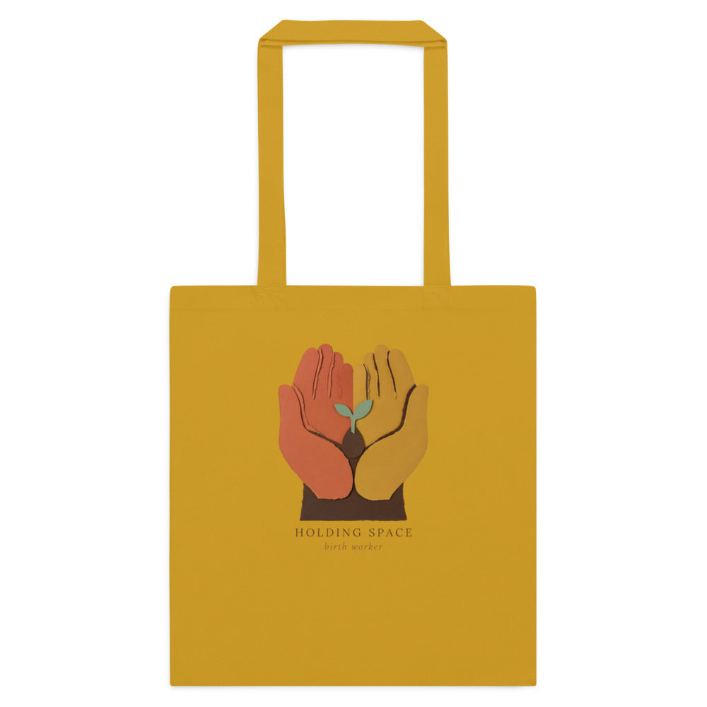 Holding Space birth worker doula cotton tote bag — Mustard, flat