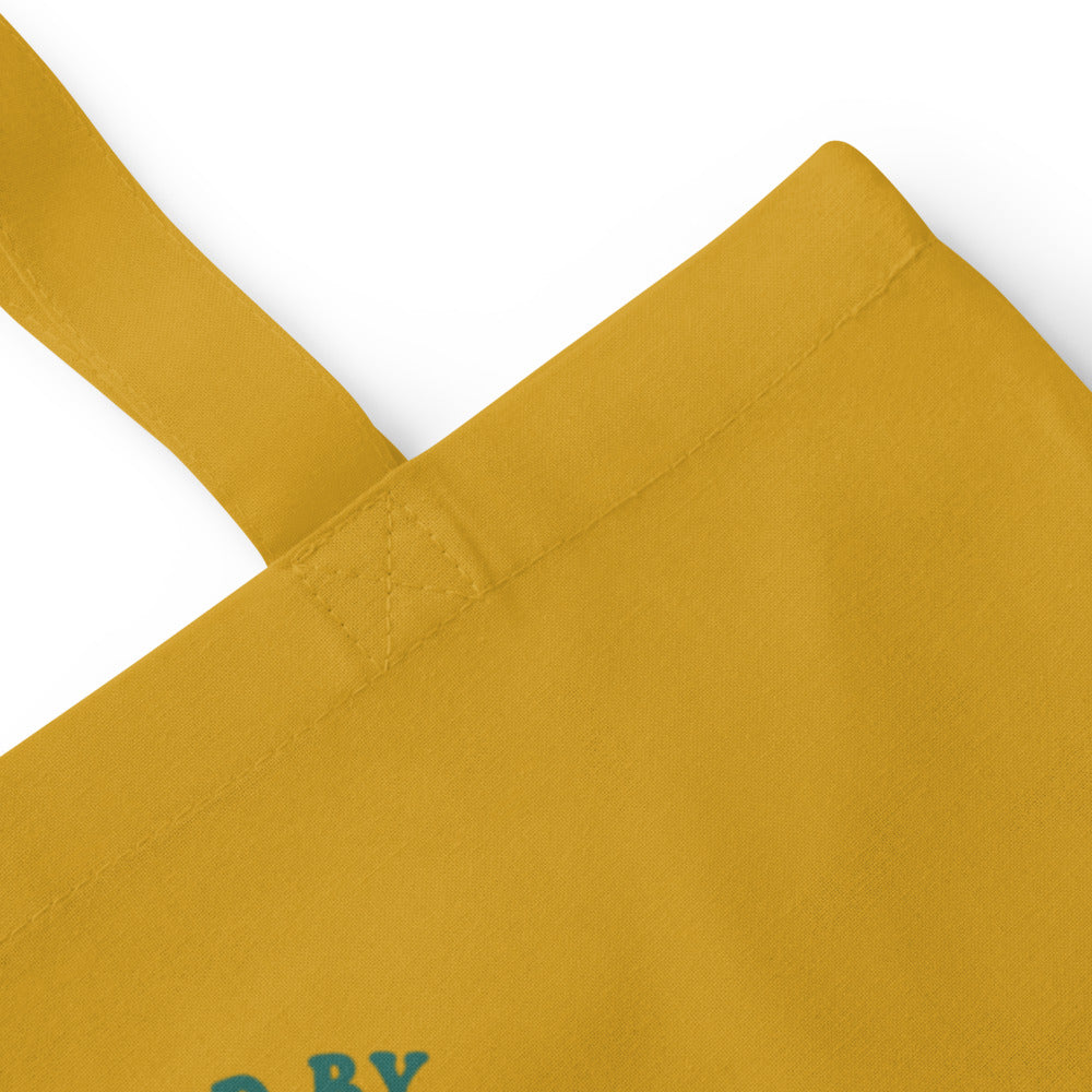Powered By Coffee And Chaos retro groovy teacher cotton tote bag — Mustard, detail