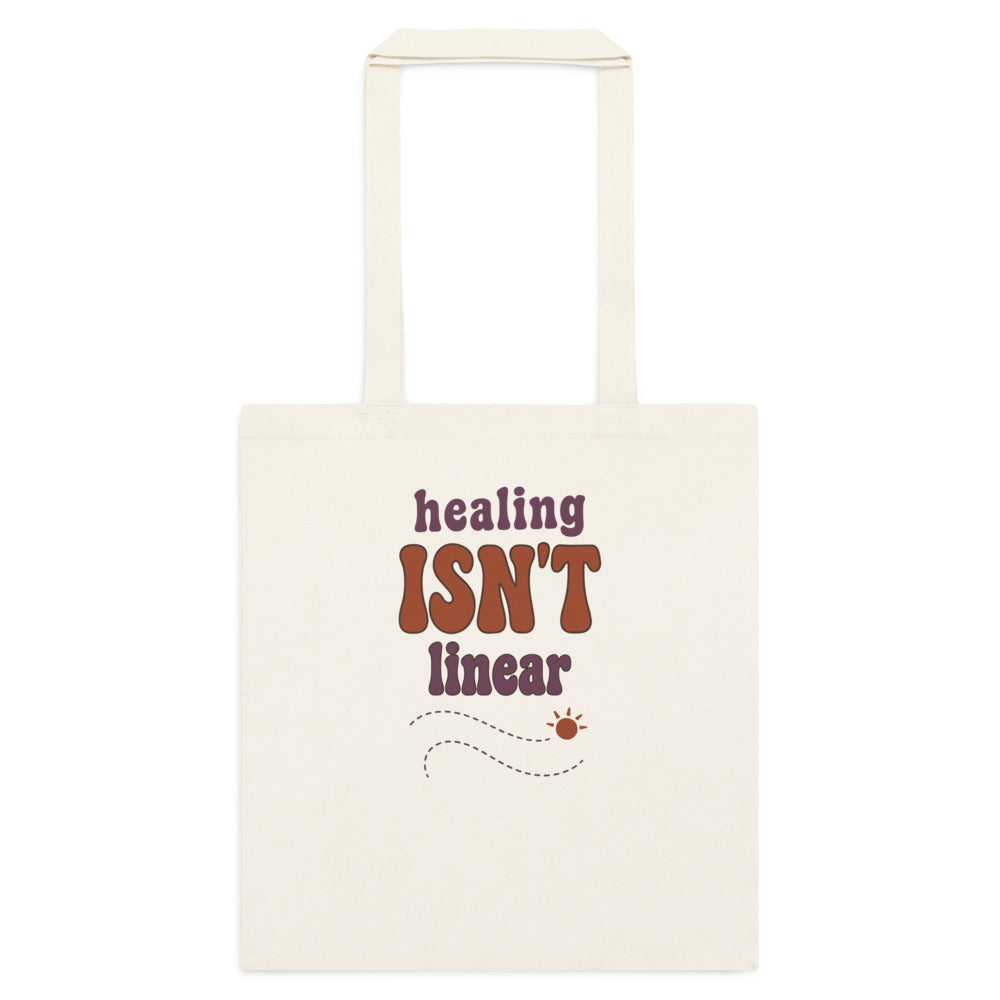 Healing Isn't Linear soft retro mental health cotton tote bag — Natural, flat