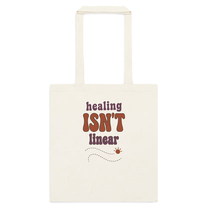 Healing Isn't Linear soft retro mental health cotton tote bag — Natural, flat