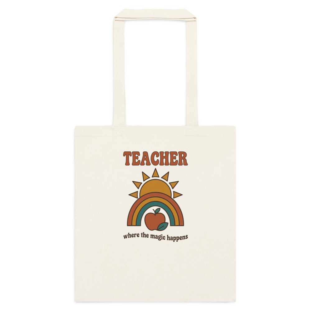 Teacher Where The Magic Happens retro groovy teacher cotton tote bag — Natural, flat