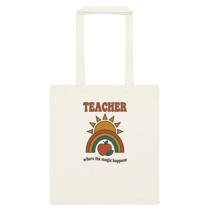 Teacher Where The Magic Happens retro groovy teacher cotton tote bag — Natural, flat