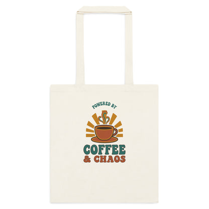 Powered By Coffee And Chaos retro groovy teacher cotton tote bag — Natural, flat