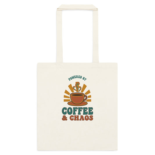 Powered By Coffee And Chaos retro groovy teacher cotton tote bag — Natural, flat