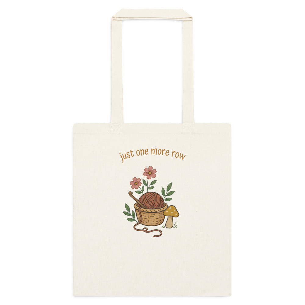 Just One More Row crochet cottagecore cotton tote bag — Natural, flat