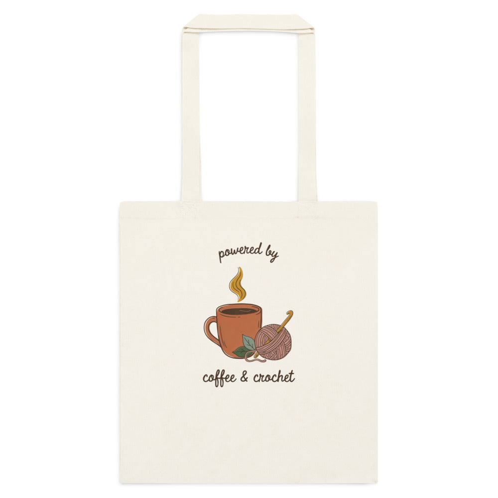 Powered by Coffee and Crochet cottagecore crochet cotton tote bag — Natural, flat