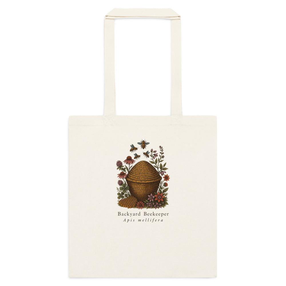 Backyard Beekeeper field-guide bee cotton tote bag — Natural, flat