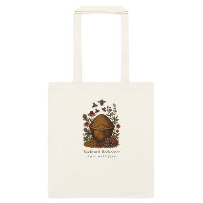 Backyard Beekeeper field-guide bee cotton tote bag — Natural, flat