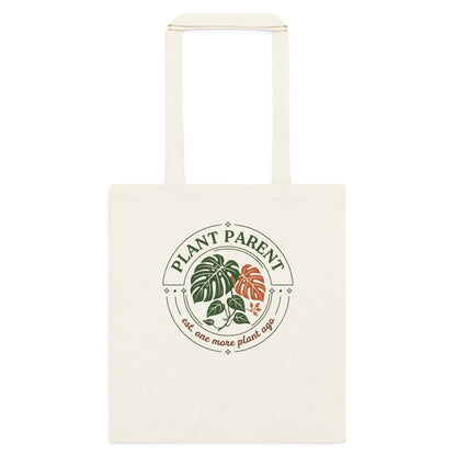 Plant Parent retro botanical badge cotton tote bag — Natural, flat
