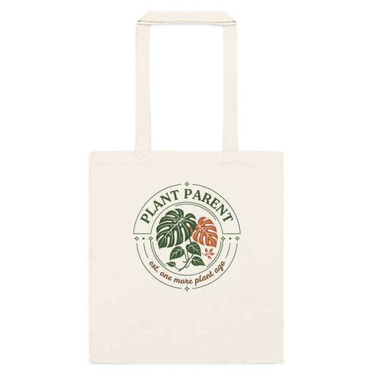 Plant Parent retro botanical badge cotton tote bag — Natural, flat