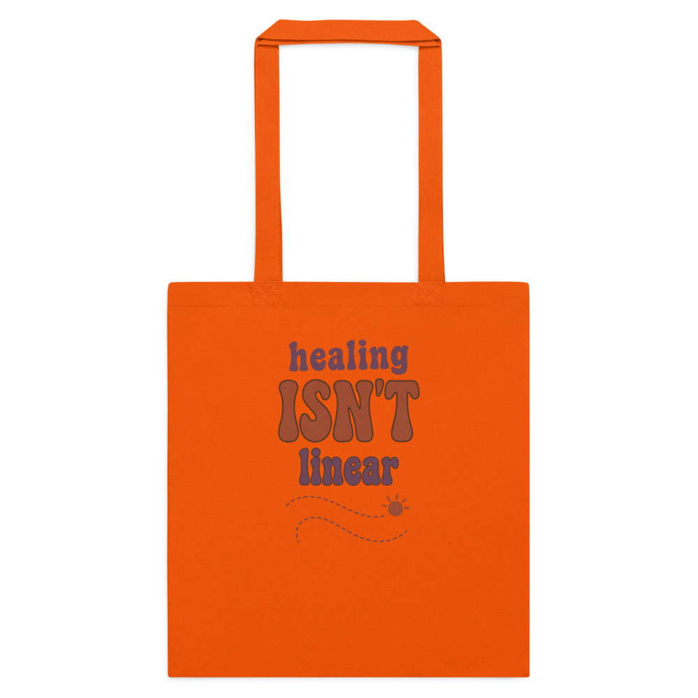Healing Isn't Linear soft retro mental health cotton tote bag — Orange, flat