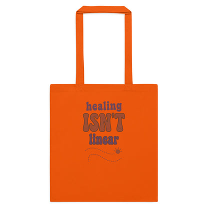 Healing Isn't Linear soft retro mental health cotton tote bag — Orange, flat