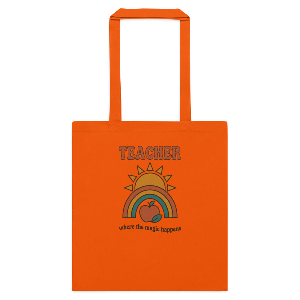 Teacher Where The Magic Happens retro groovy teacher cotton tote bag — Orange, flat