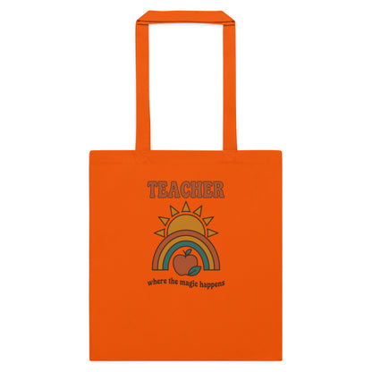 Teacher Where The Magic Happens retro groovy teacher cotton tote bag — Orange, flat