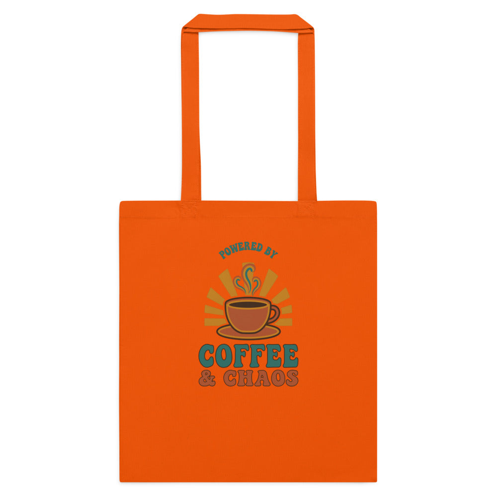Powered By Coffee And Chaos retro groovy teacher cotton tote bag — Orange, flat