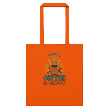 Powered By Coffee And Chaos retro groovy teacher cotton tote bag — Orange, flat