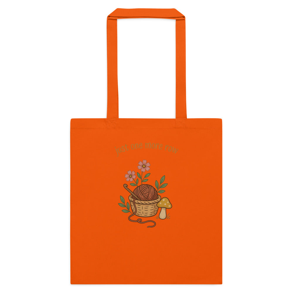 Just One More Row crochet cottagecore cotton tote bag — Orange, flat
