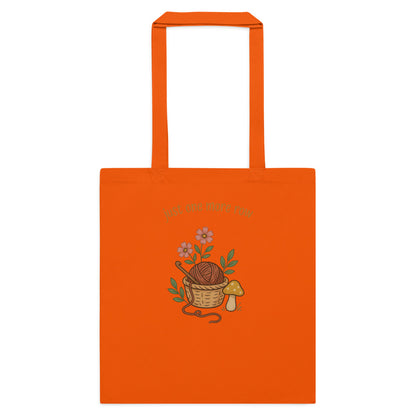 Just One More Row crochet cottagecore cotton tote bag — Orange, flat