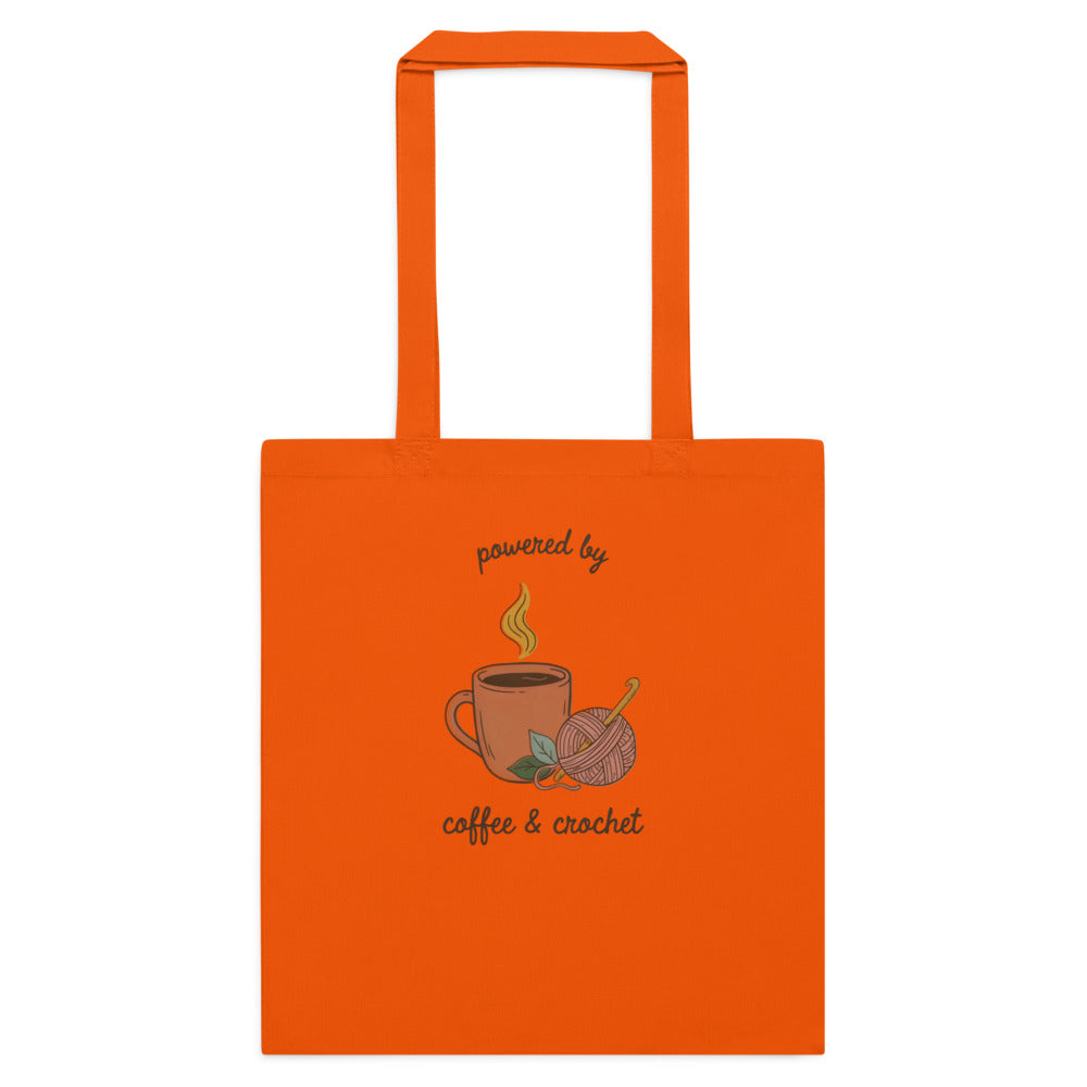 Powered by Coffee and Crochet cottagecore crochet cotton tote bag — Orange, flat